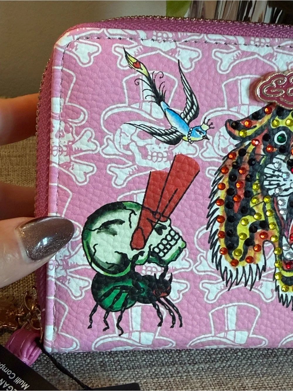 Ed Hardy Pink Tattoo Motif Wristlet with Leopard Tiger and Pegasus